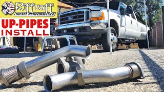 2001 F350 73  RiffRaff UpPipes Install  Stock up pipes leaking and falling apart JUNK SP [upl. by Malvie]